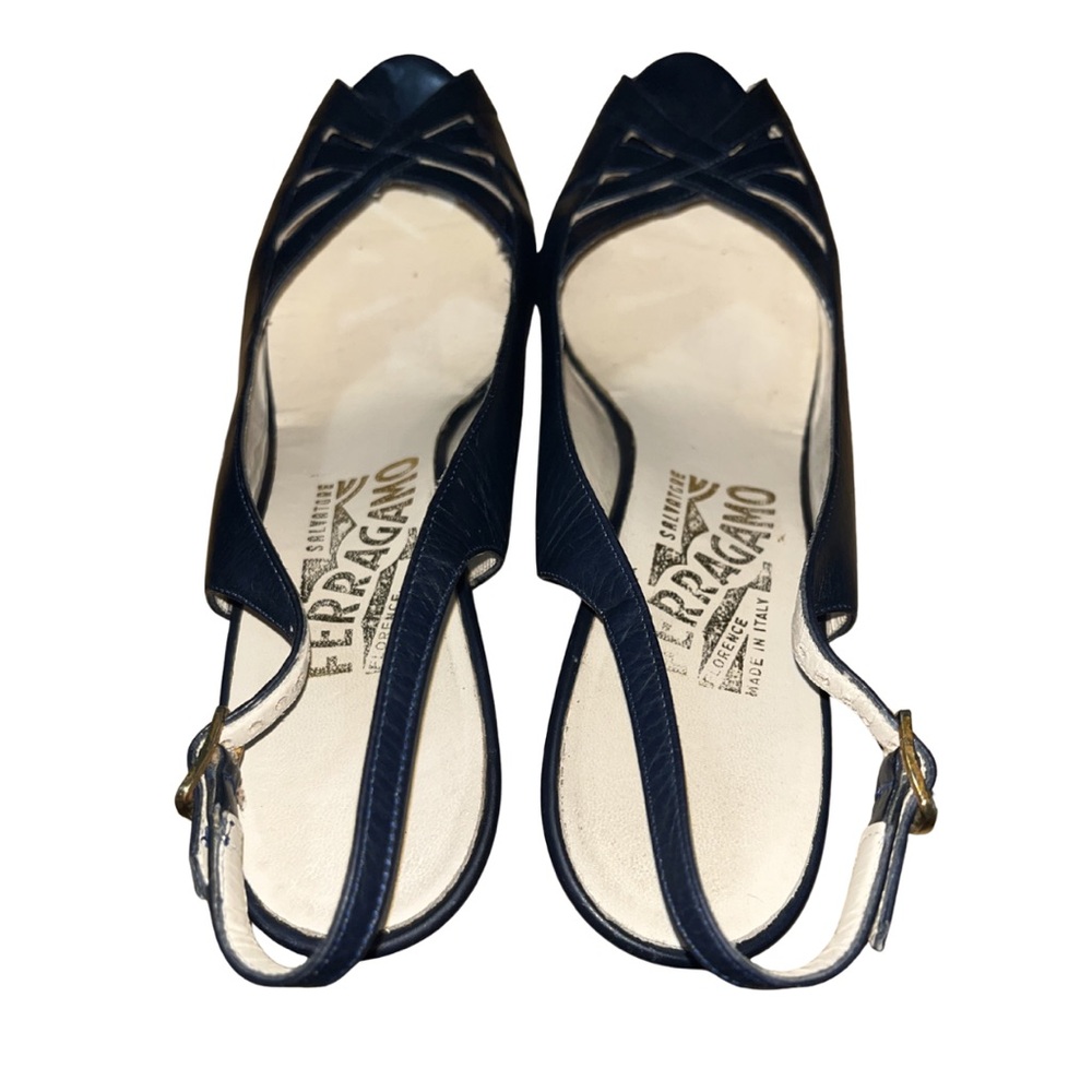 Salvatore Ferragamo Navy Leather Peep-Toe Slingbacks | 7.5AA - Picture 5 of 9